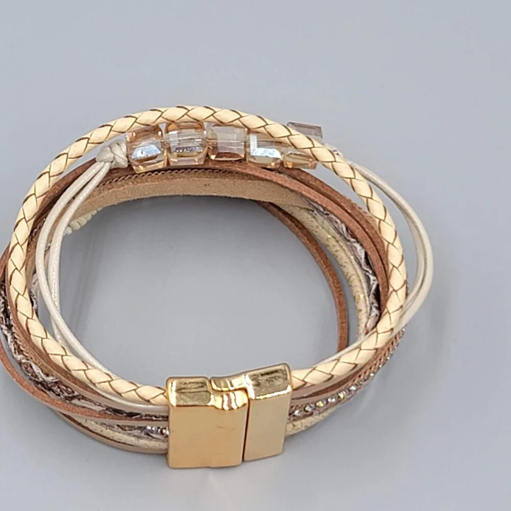Wrap Bracelet Gold tone Tan Faux Leather Feather Charm Crystal Beads 6.5" - Picture 2 of 8